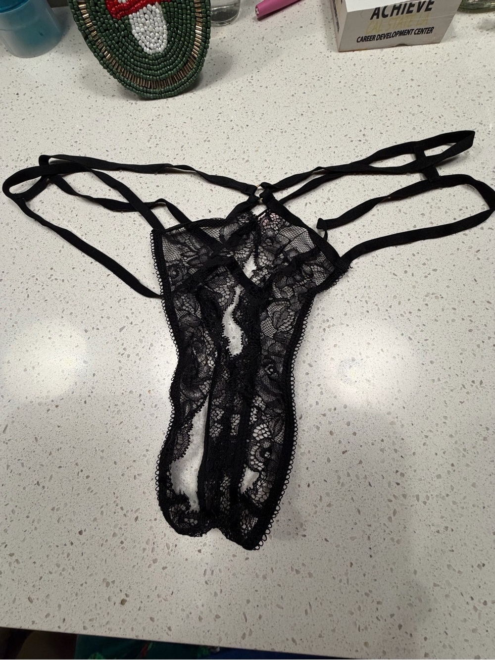 Sheer Black Lace Strappy Thong
